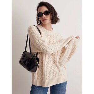 Madewell Cream Cable Knit Wool Blend Crewneck Sweater | Size Medium